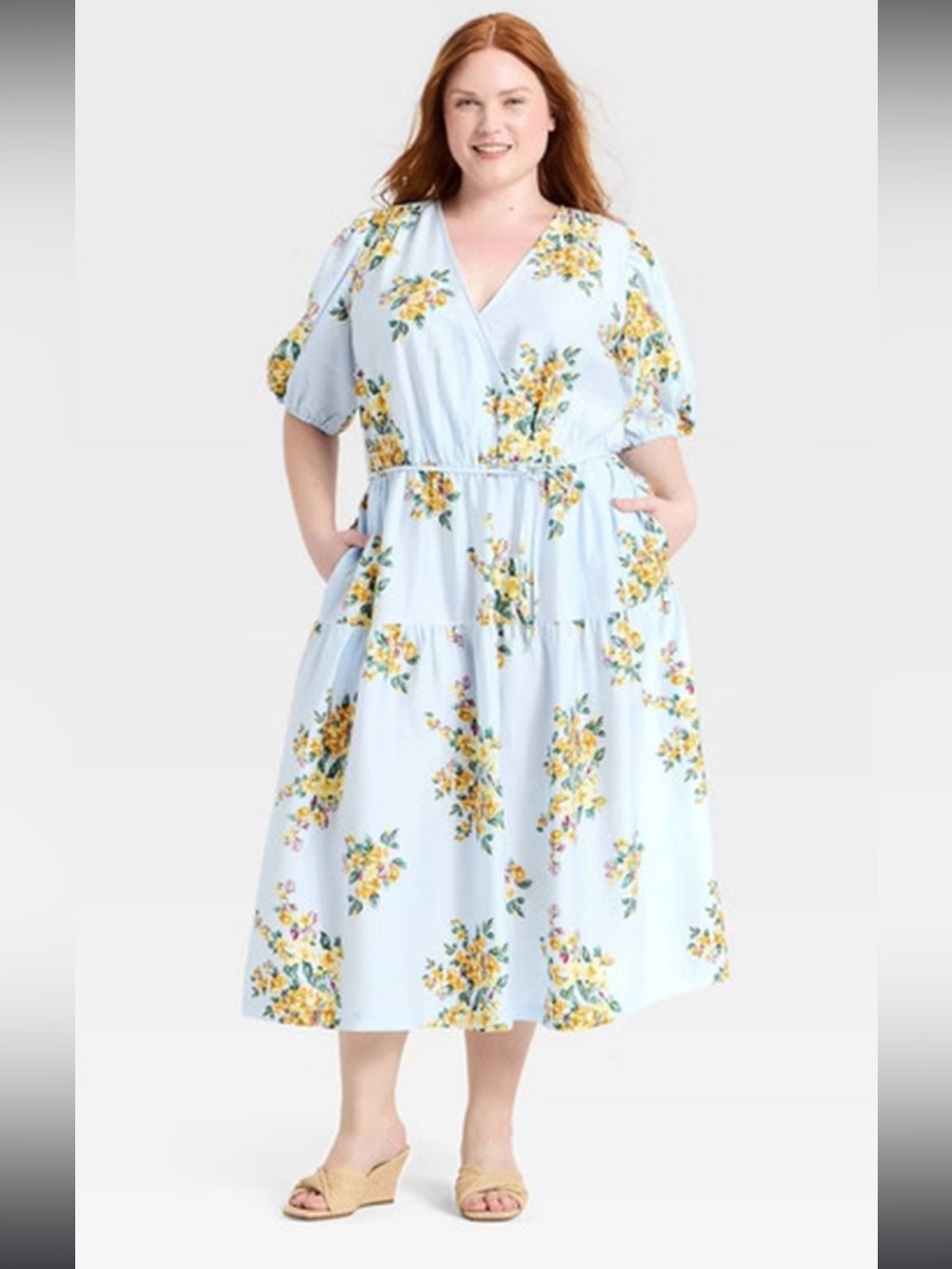 A New Day Blue Floral Puff Sleeve Wrap Tier Empire Midi Dress Sz Small NWT